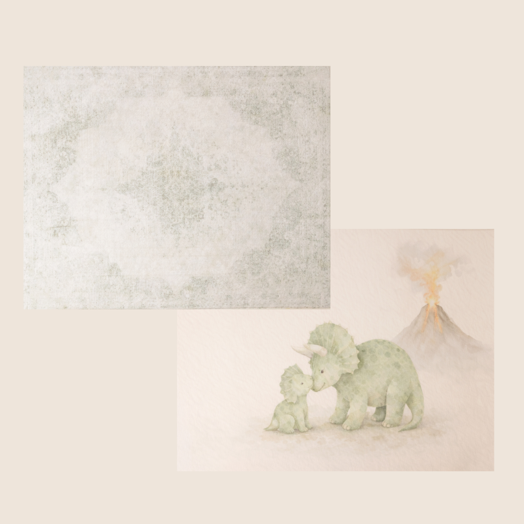 Two square art prints displayed on a warm beige background. The larger top-left print shows a distressed, textured pale green and white pattern.